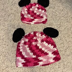 Pink and Black mommy and newborn crochet Hat Set